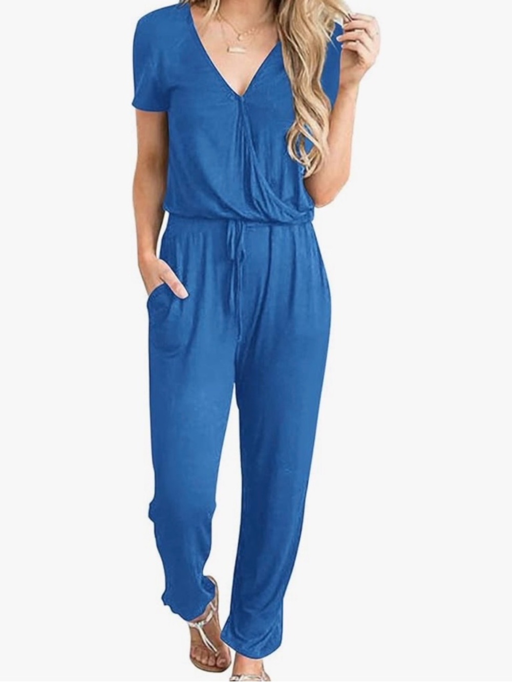 Casual Blue V-Neck Short Sleeve Jumpsuit with Drawstring Waist